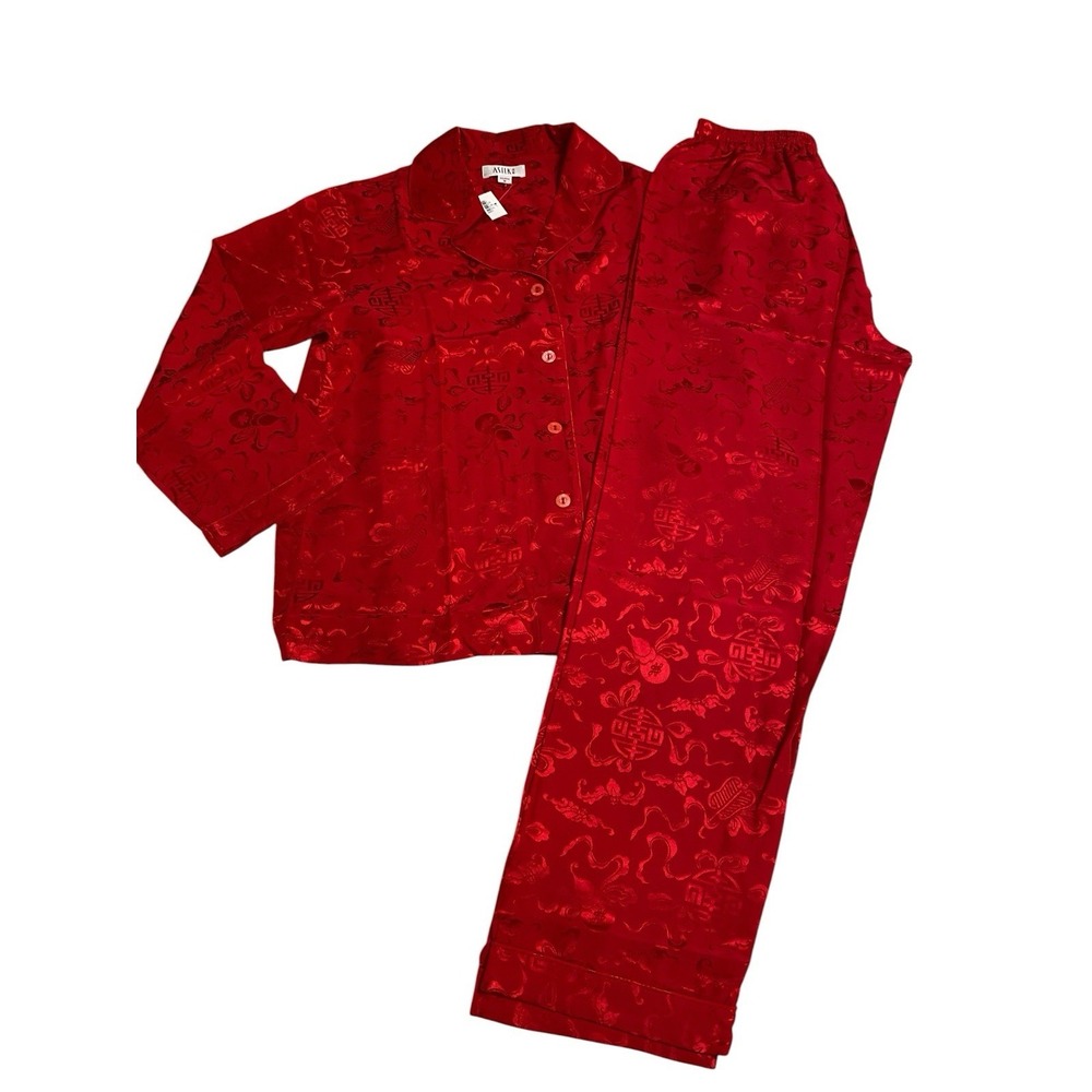 ⁠ASILK 100% Silk Pajamas Set Women M Red Jacquard Brocade Loungewear NWT